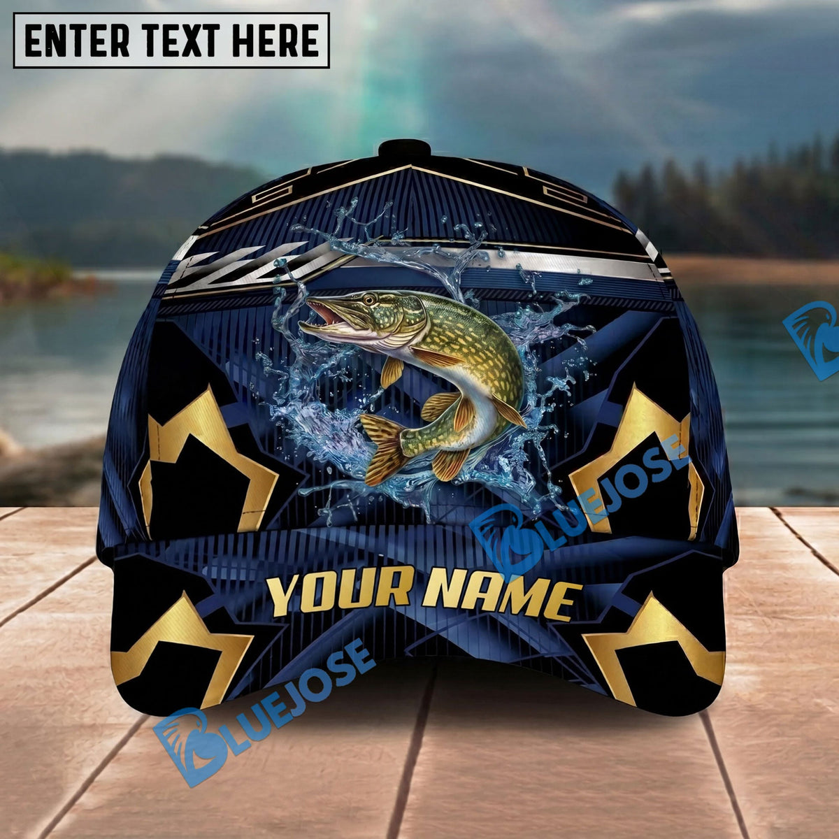 BlueJose Fishing Black Gold Geometric Personalized Name Classic 3D Cap Personalized Cap (13 Breeds)