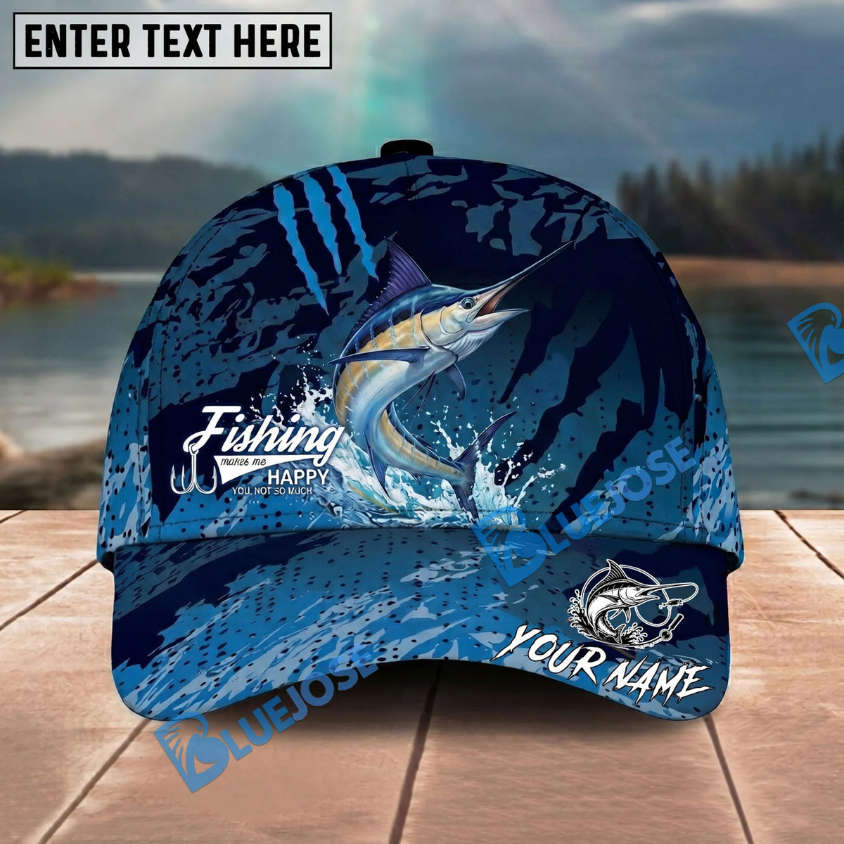 BlueJose Fishing Blue Scratch Camo Water Splash Personalized Name Classic 3D Cap Personalized Cap (13 Breeds)