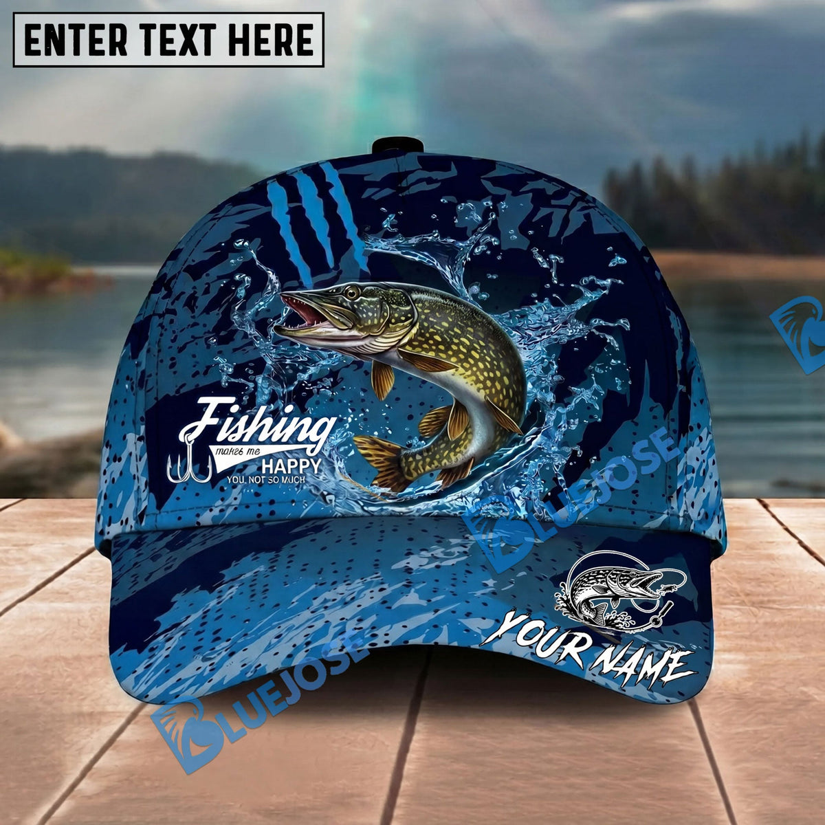 BlueJose Fishing Blue Scratch Camo Water Splash Personalized Name Classic 3D Cap Personalized Cap (13 Breeds)