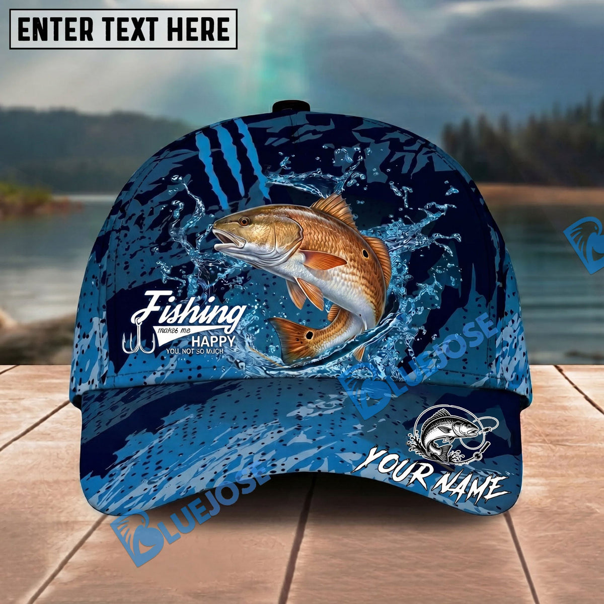 BlueJose Fishing Blue Scratch Camo Water Splash Personalized Name Classic 3D Cap Personalized Cap (13 Breeds)