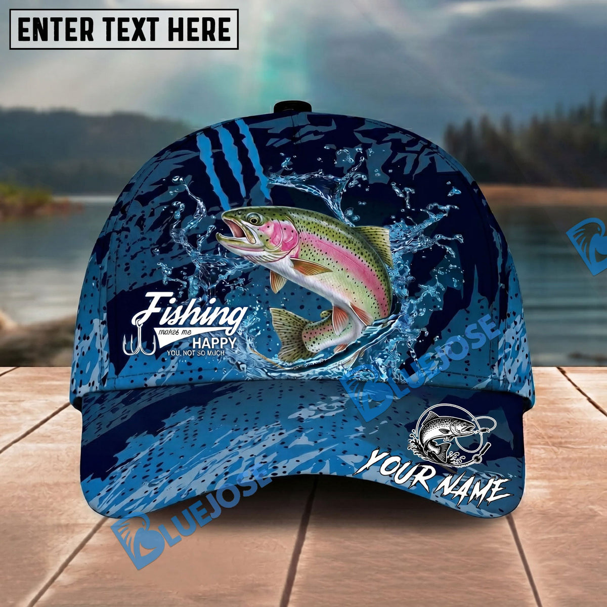 BlueJose Fishing Blue Scratch Camo Water Splash Personalized Name Classic 3D Cap Personalized Cap (13 Breeds)