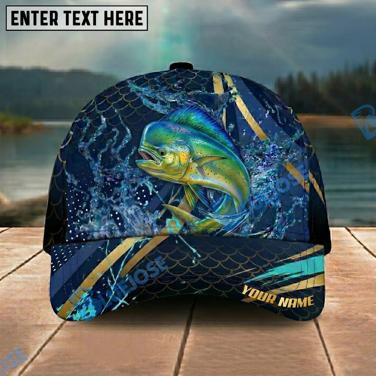 BlueJose Fishing Luxury Gold Stripe Water Splash Design Personalized Name Classic 3D Cap Personalized Cap (13 Breeds)
