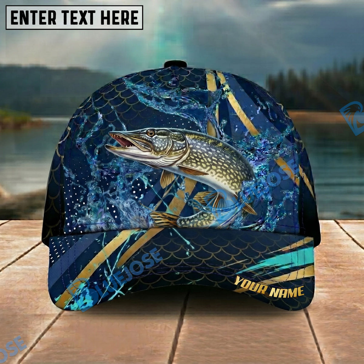 BlueJose Fishing Luxury Gold Stripe Water Splash Design Personalized Name Classic 3D Cap Personalized Cap (13 Breeds)