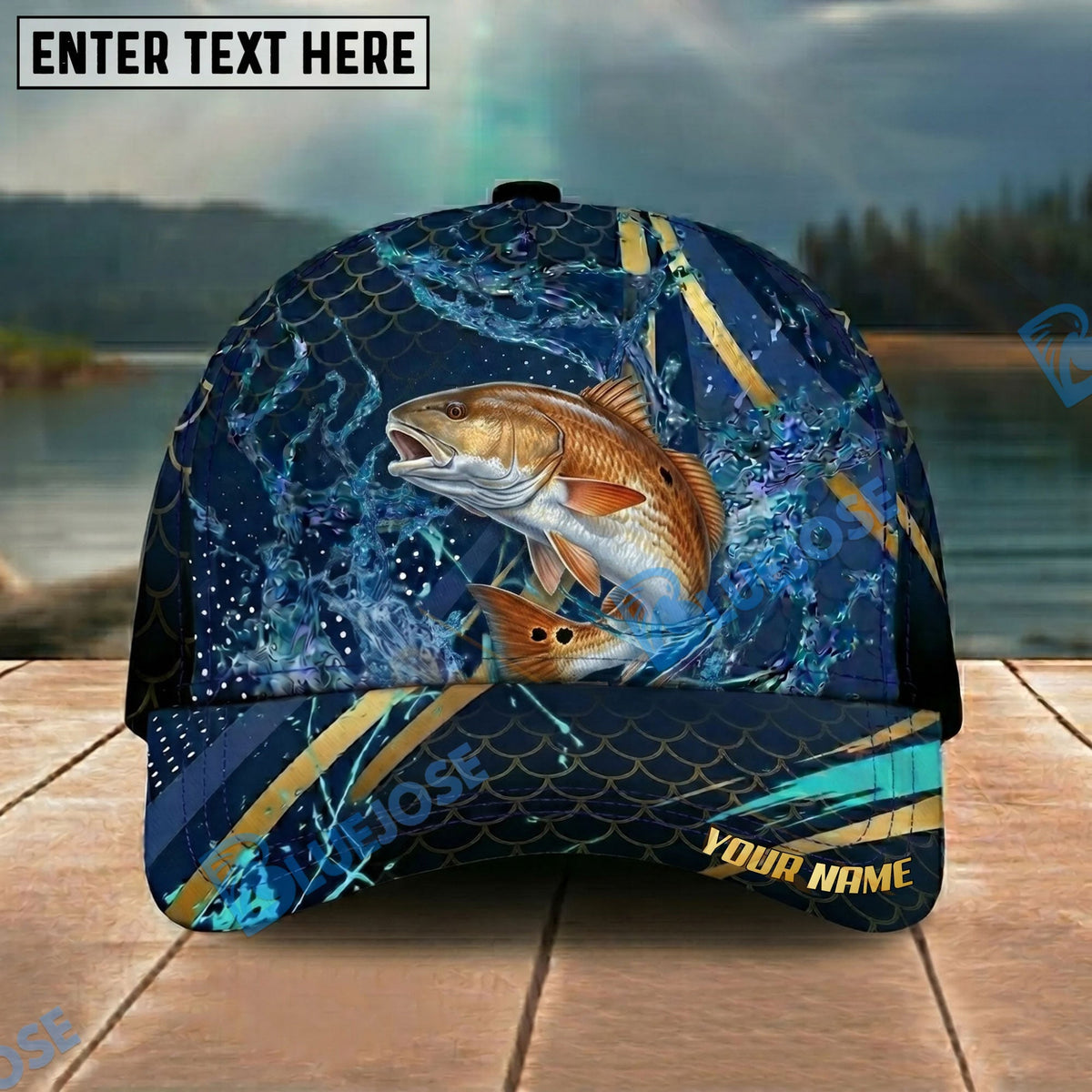 BlueJose Fishing Luxury Gold Stripe Water Splash Design Personalized Name Classic 3D Cap Personalized Cap (13 Breeds)