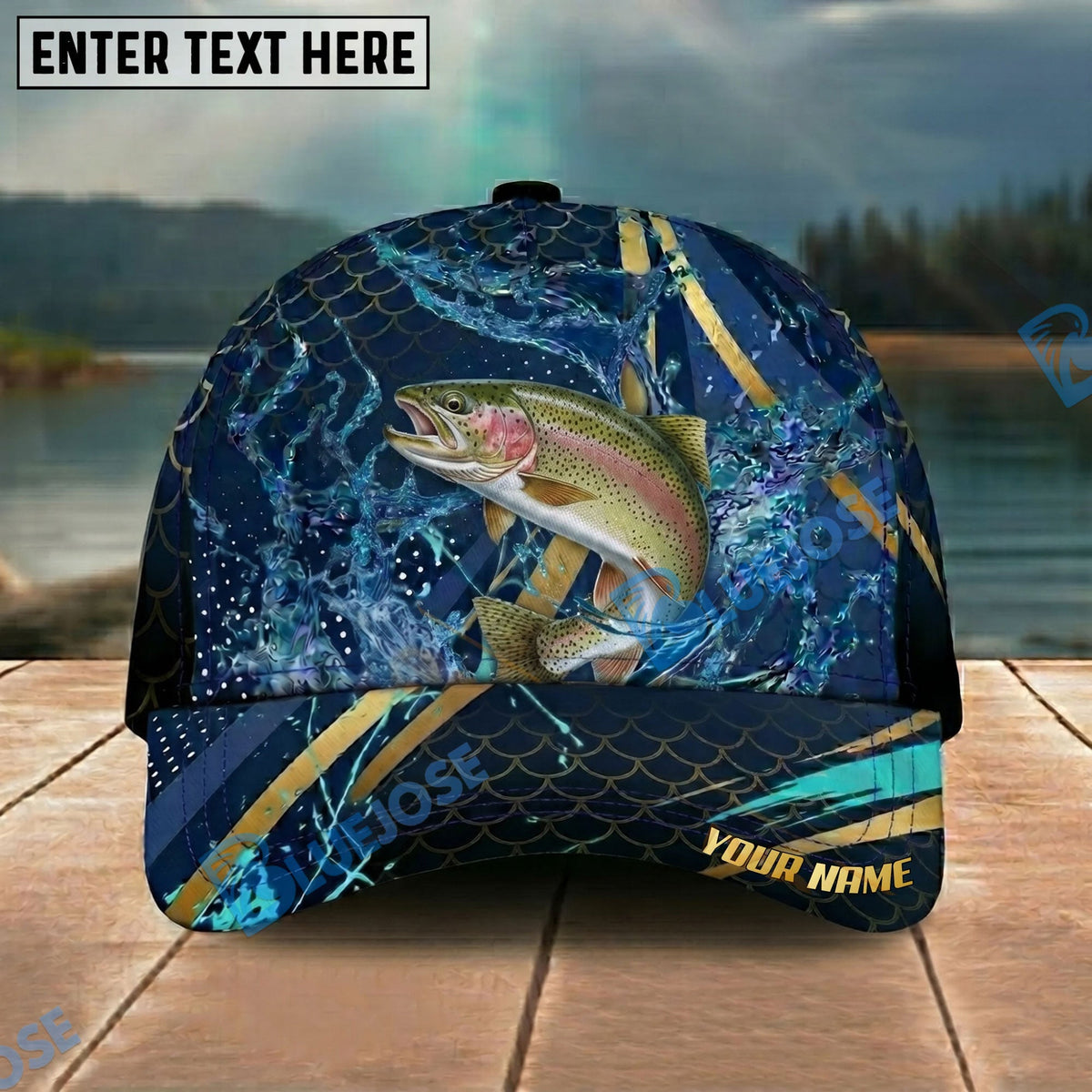 BlueJose Fishing Luxury Gold Stripe Water Splash Design Personalized Name Classic 3D Cap Personalized Cap (13 Breeds)