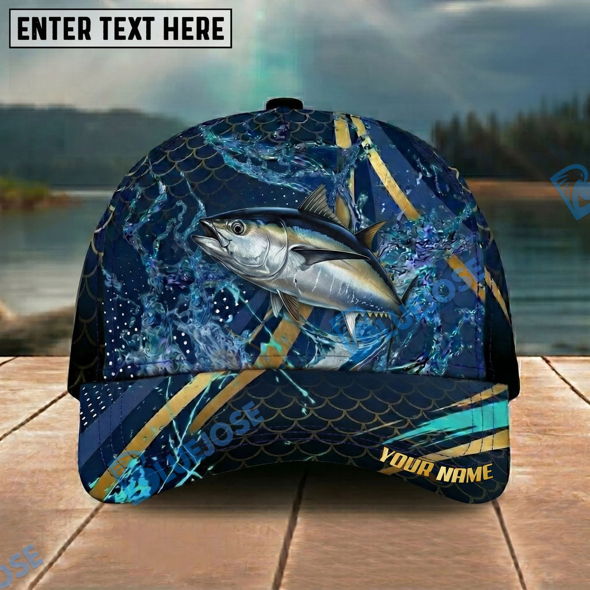 BlueJose Fishing Luxury Gold Stripe Water Splash Design Personalized Name Classic 3D Cap Personalized Cap (13 Breeds)