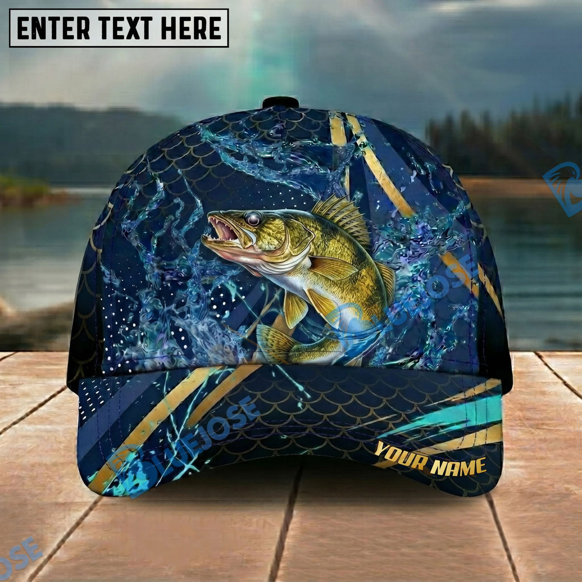 BlueJose Fishing Luxury Gold Stripe Water Splash Design Personalized Name Classic 3D Cap Personalized Cap (13 Breeds)