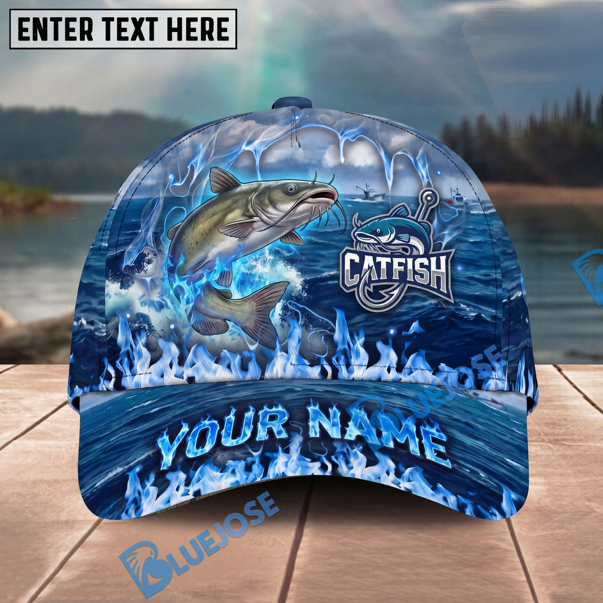 BlueJose Fishing Blue Flame Ocean Personalized Cap (13 Breeds)