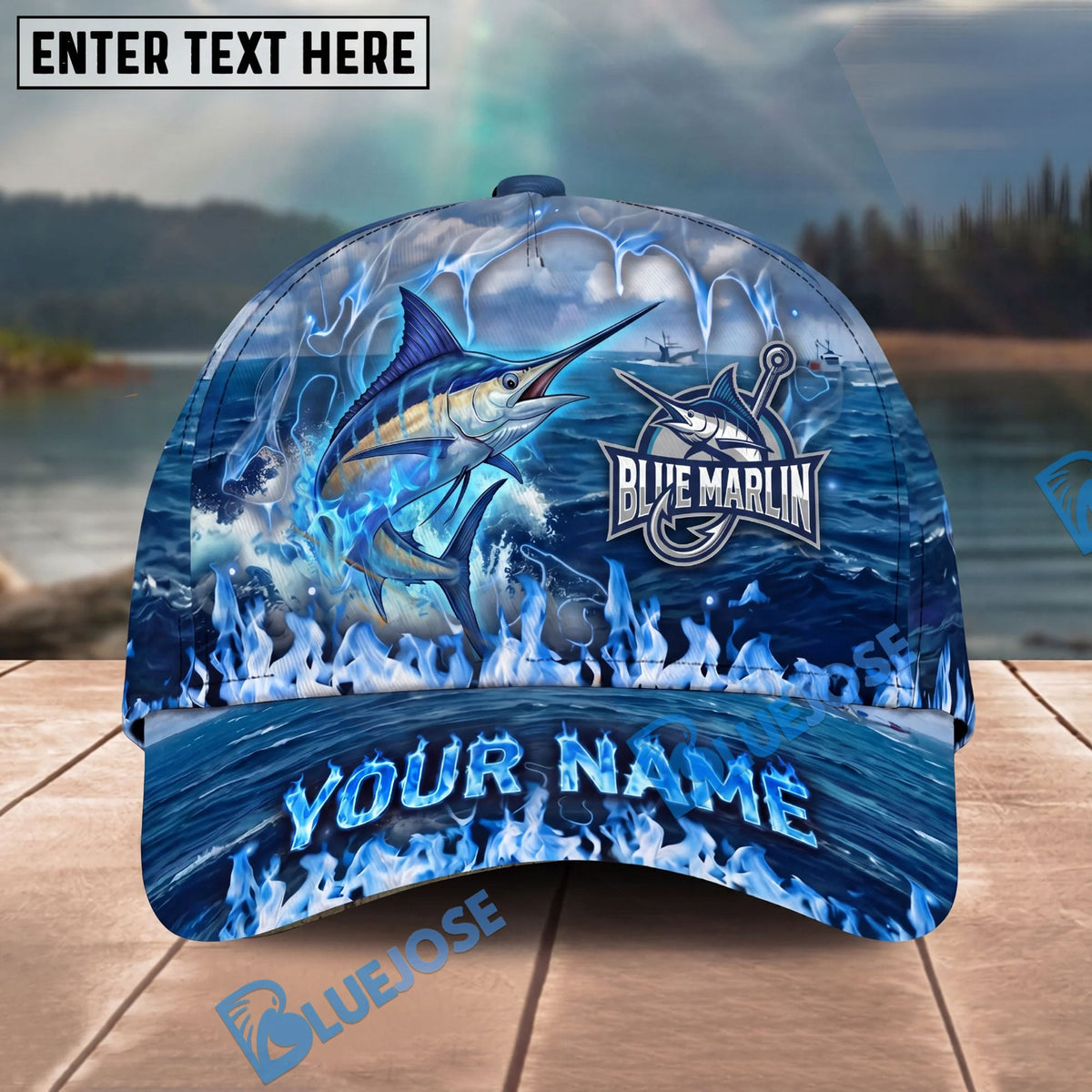 BlueJose Fishing Blue Flame Ocean Personalized Cap (13 Breeds)