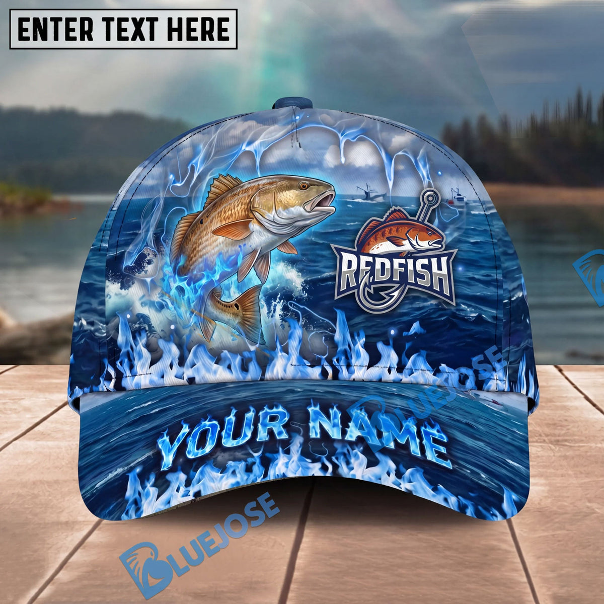 BlueJose Fishing Blue Flame Ocean Personalized Cap (13 Breeds)