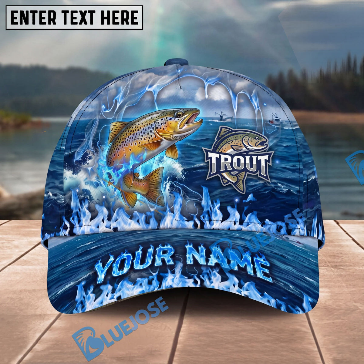BlueJose Fishing Blue Flame Ocean Personalized Cap (13 Breeds)
