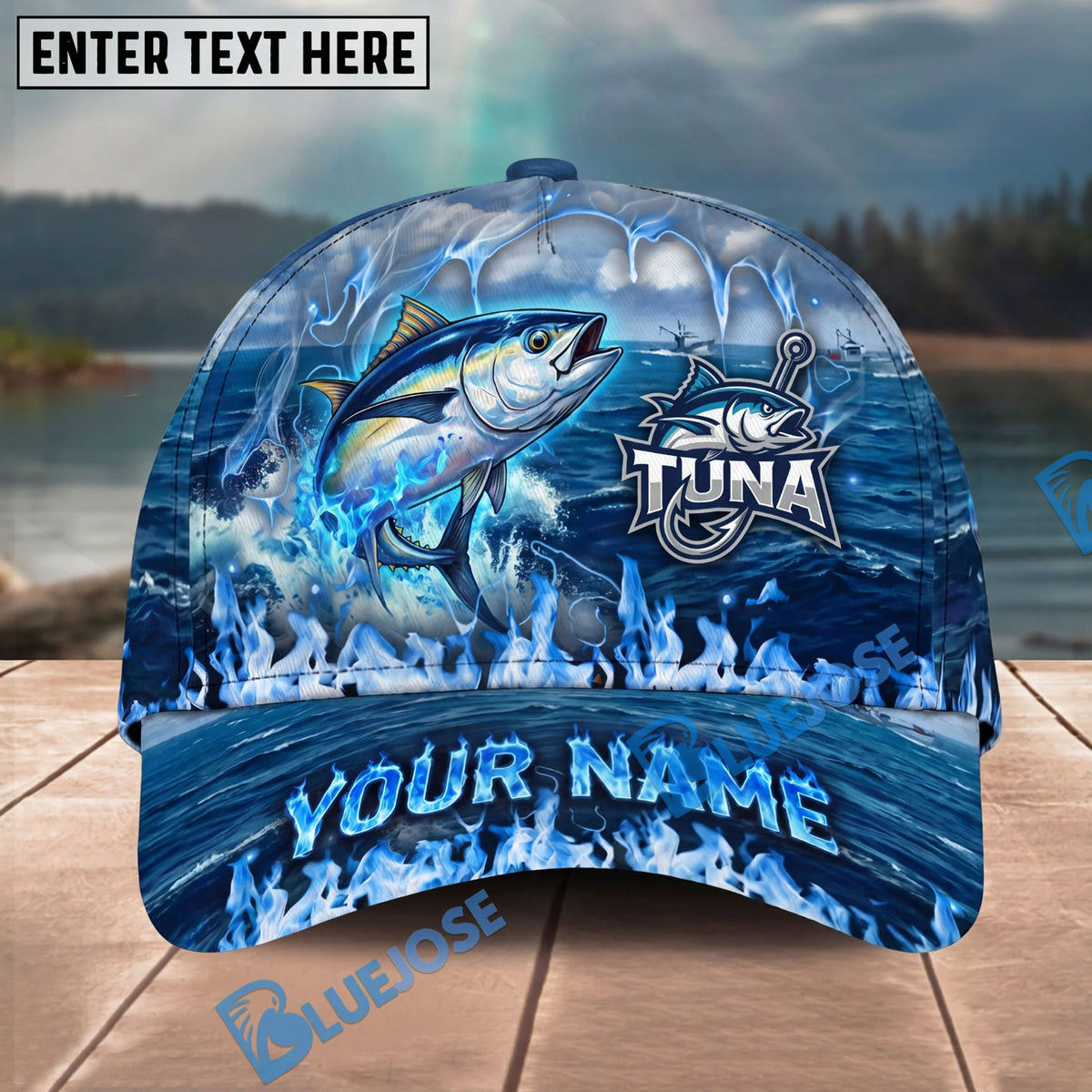 BlueJose Fishing Blue Flame Ocean Personalized Cap (13 Breeds)