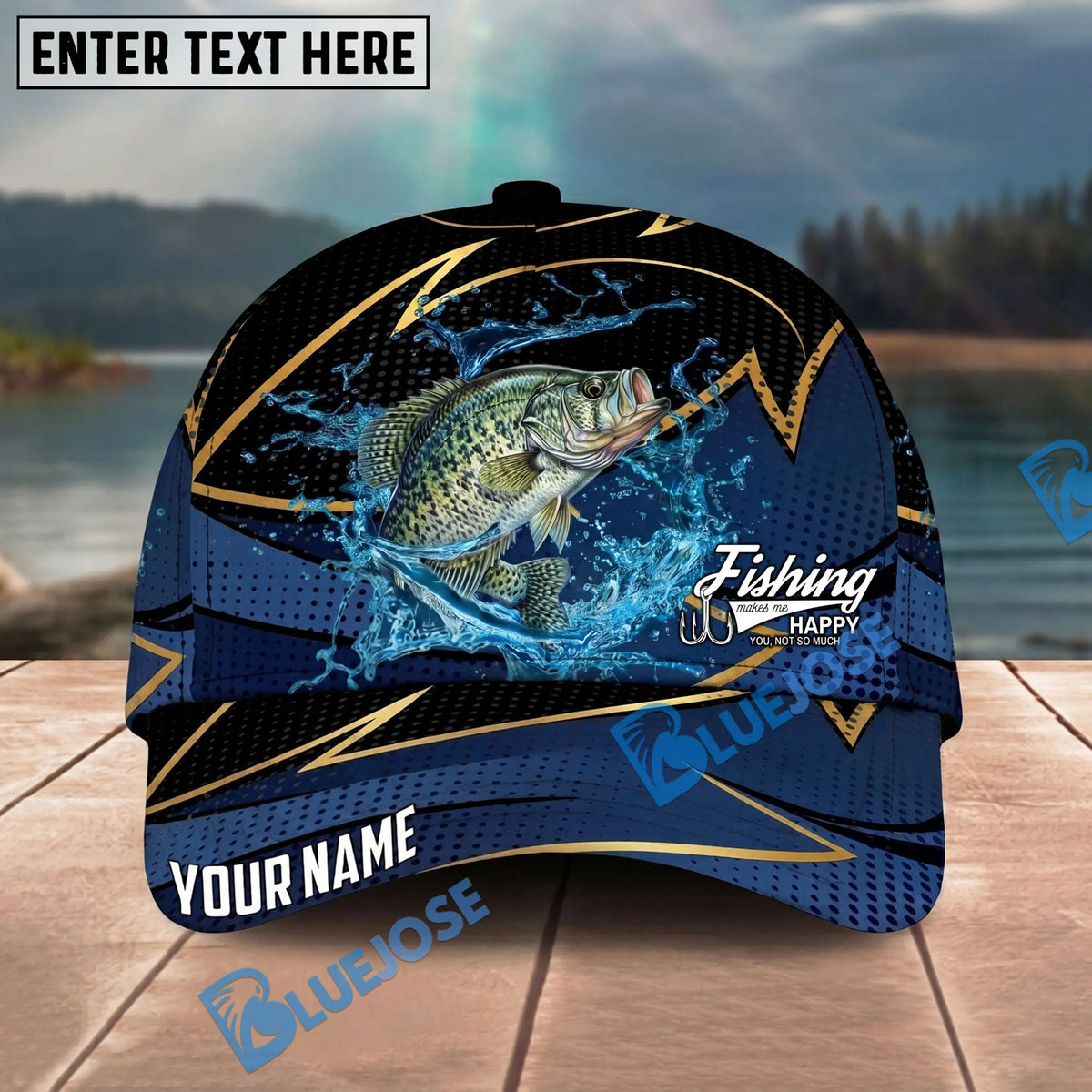 BlueJose Fishing Water Splash Navy Gold Pattern Personalized Name Classic 3D Cap Personalized Cap (13 Breeds)