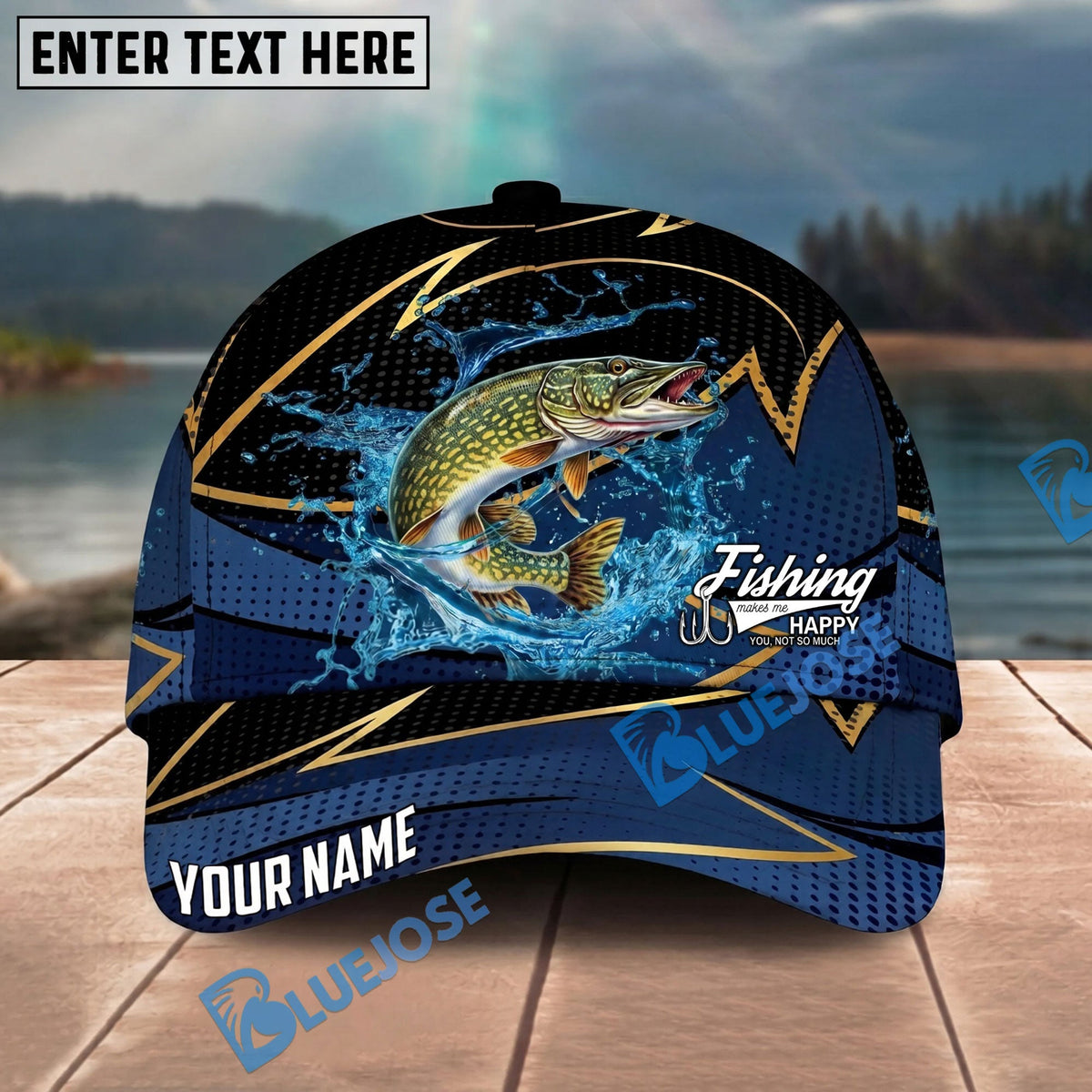 BlueJose Fishing Water Splash Navy Gold Pattern Personalized Name Classic 3D Cap Personalized Cap (13 Breeds)