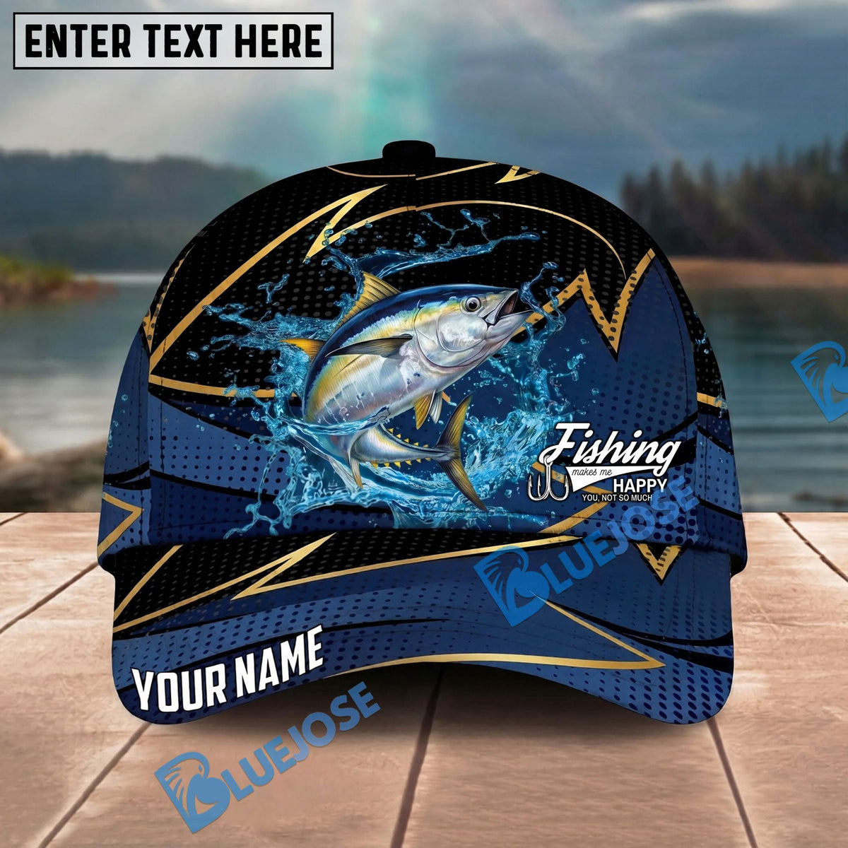 BlueJose Fishing Water Splash Navy Gold Pattern Personalized Name Classic 3D Cap Personalized Cap (13 Breeds)