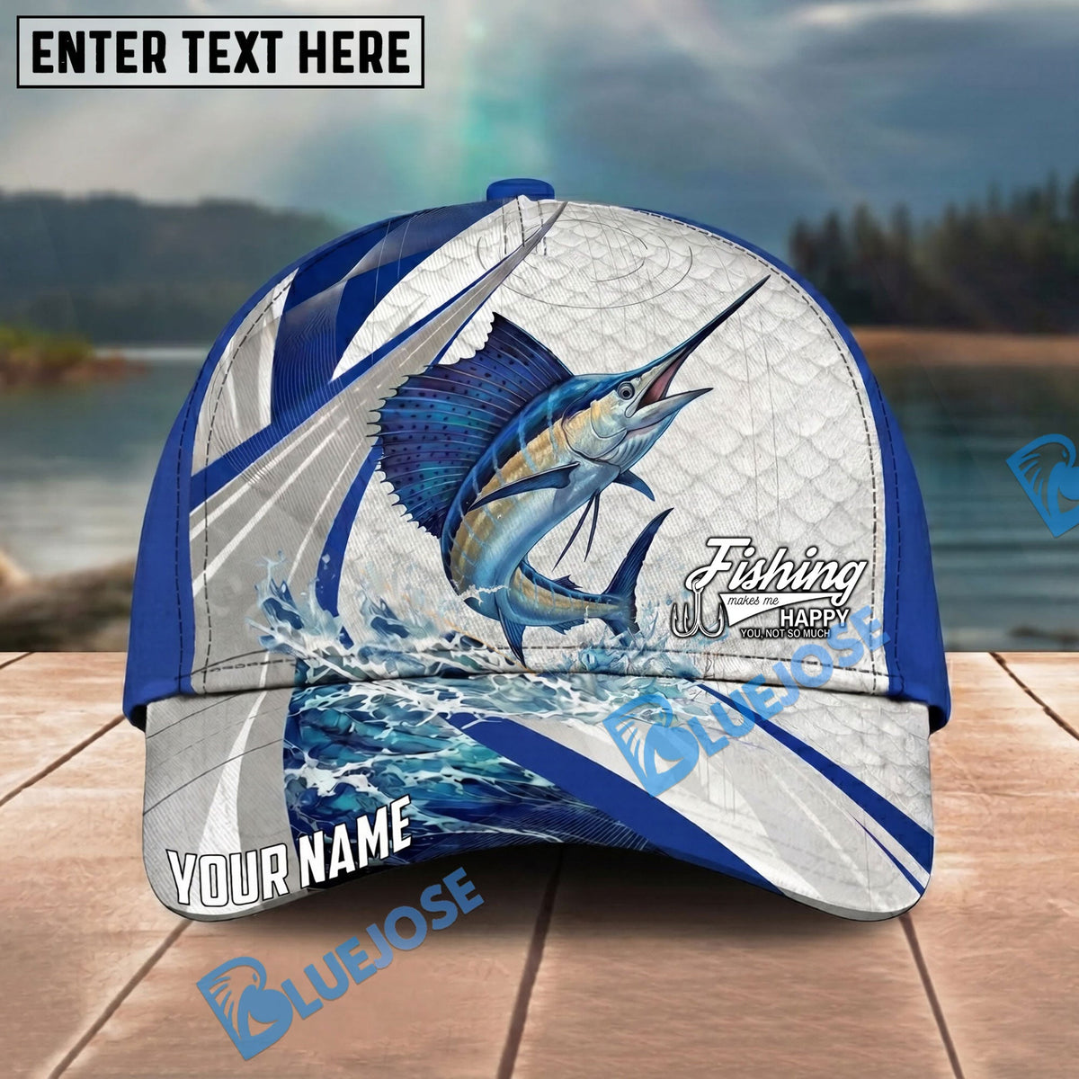BlueJose Fishing White Scale Pattern Personalized Name Classic 3D Cap Personalized Cap (13 Breeds)