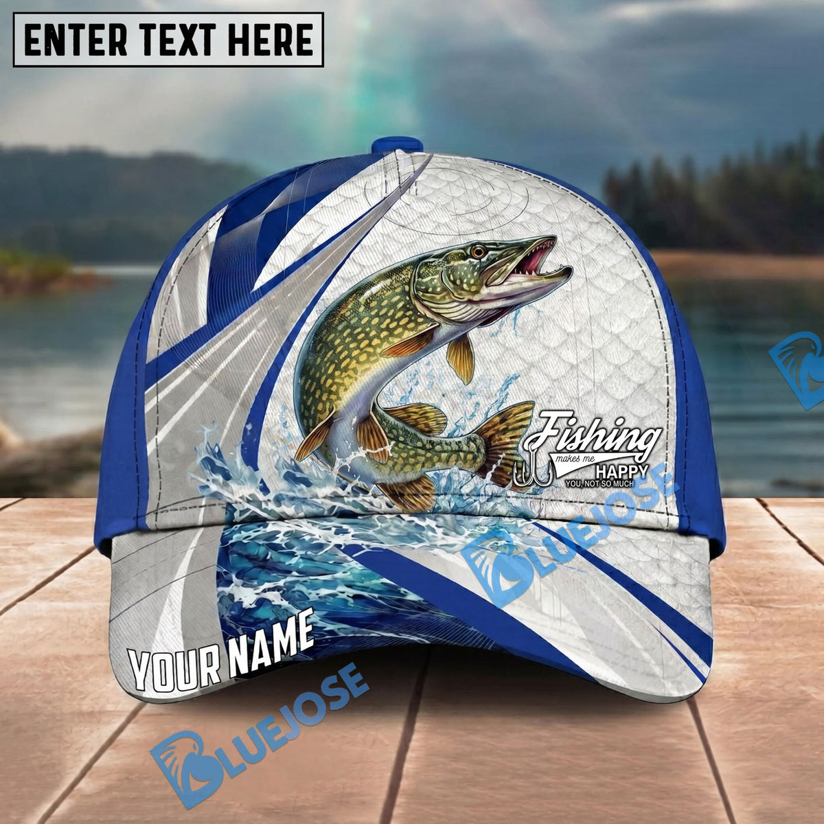 BlueJose Fishing White Scale Pattern Personalized Name Classic 3D Cap Personalized Cap (13 Breeds)