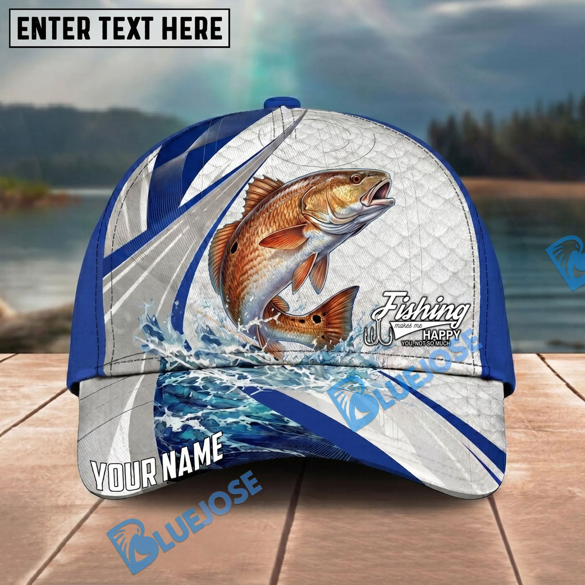 BlueJose Fishing White Scale Pattern Personalized Name Classic 3D Cap Personalized Cap (13 Breeds)