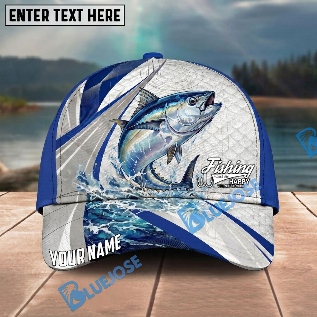 BlueJose Fishing White Scale Pattern Personalized Name Classic 3D Cap Personalized Cap (13 Breeds)