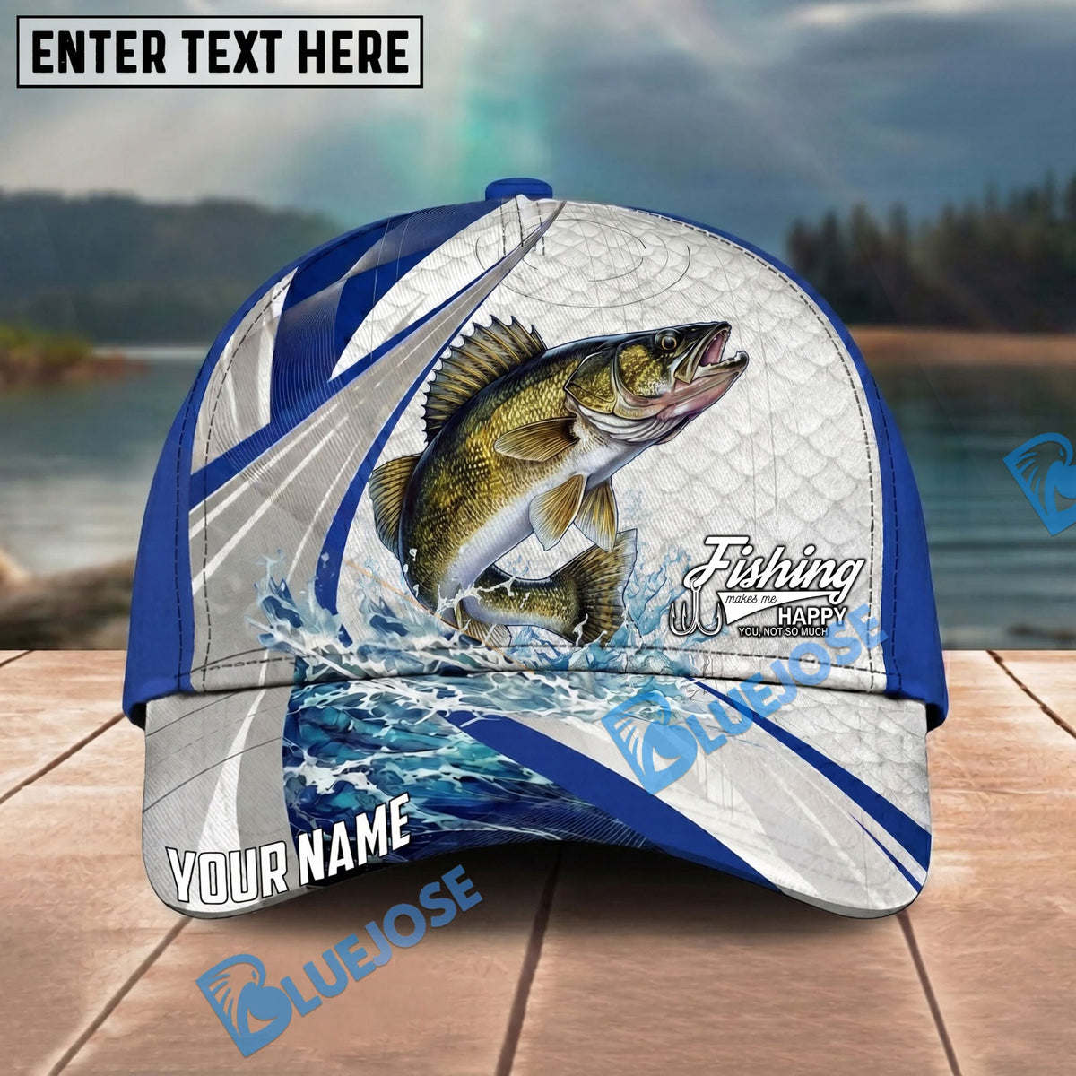 BlueJose Fishing White Scale Pattern Personalized Name Classic 3D Cap Personalized Cap (13 Breeds)