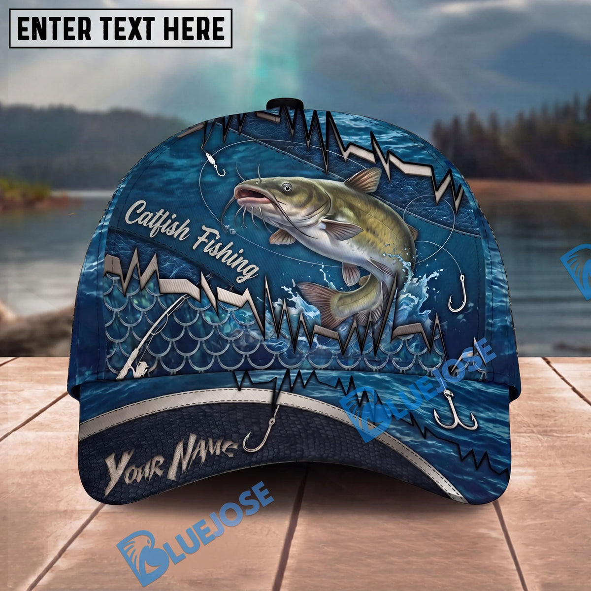 BlueJose Fishing Heartbeat Hook Pattern Personalized Cap (13 Breeds)