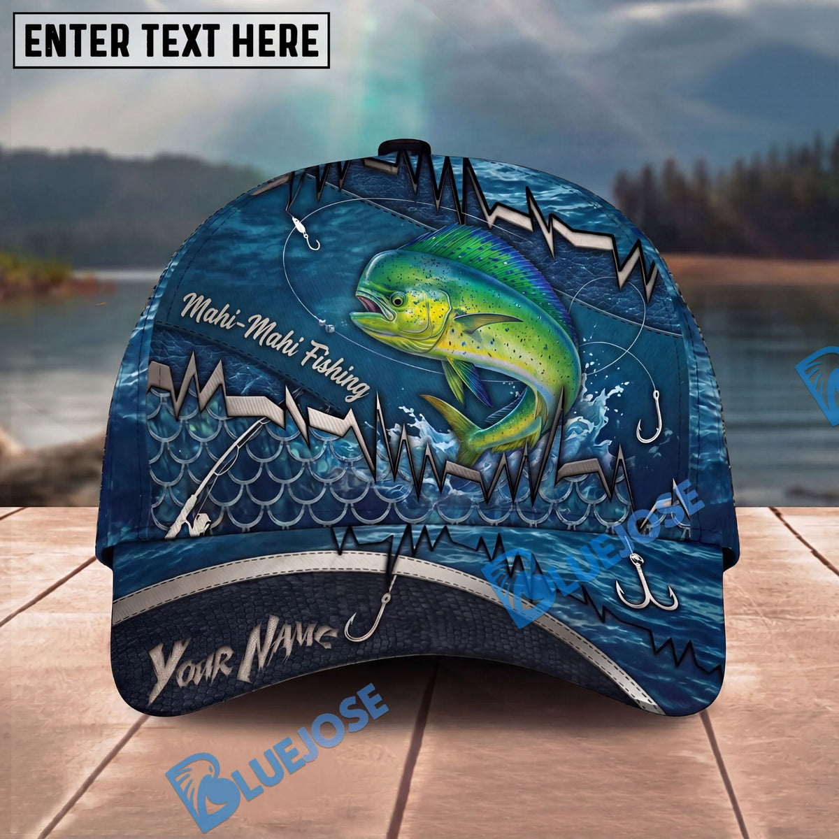 BlueJose Fishing Heartbeat Hook Pattern Personalized Cap (13 Breeds)