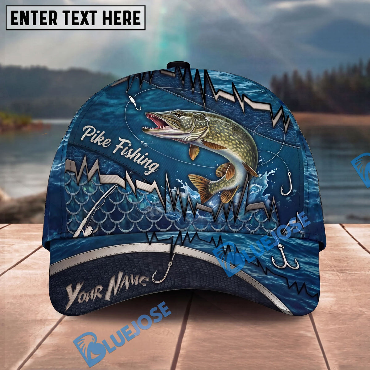 BlueJose Fishing Heartbeat Hook Pattern Personalized Cap (13 Breeds)