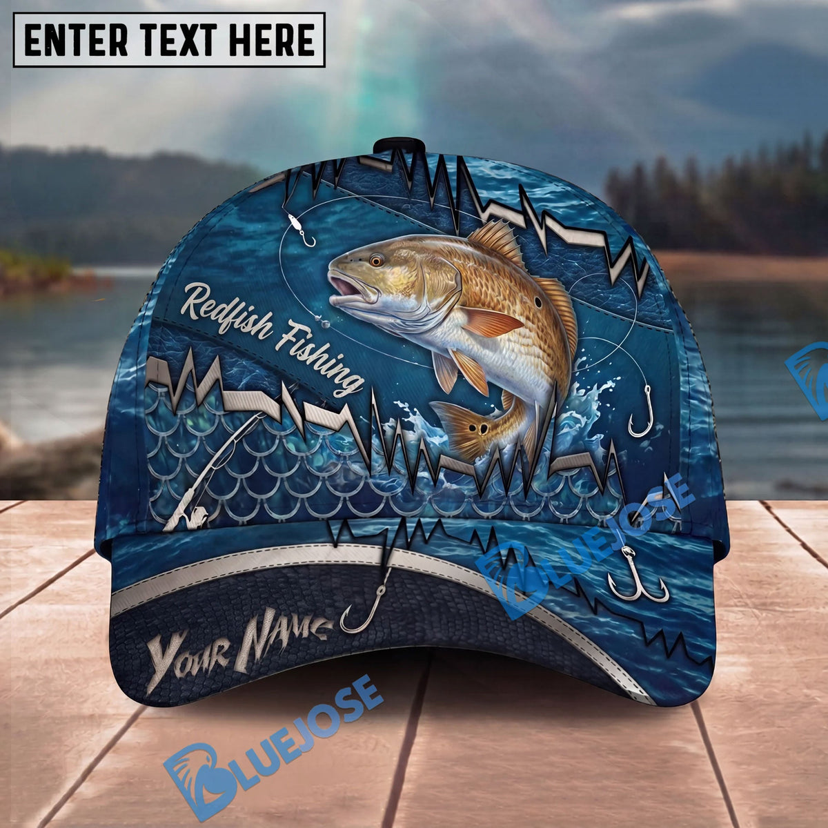 BlueJose Fishing Heartbeat Hook Pattern Personalized Cap (13 Breeds)