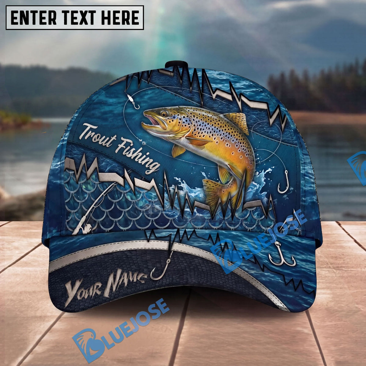 BlueJose Fishing Heartbeat Hook Pattern Personalized Cap (13 Breeds)