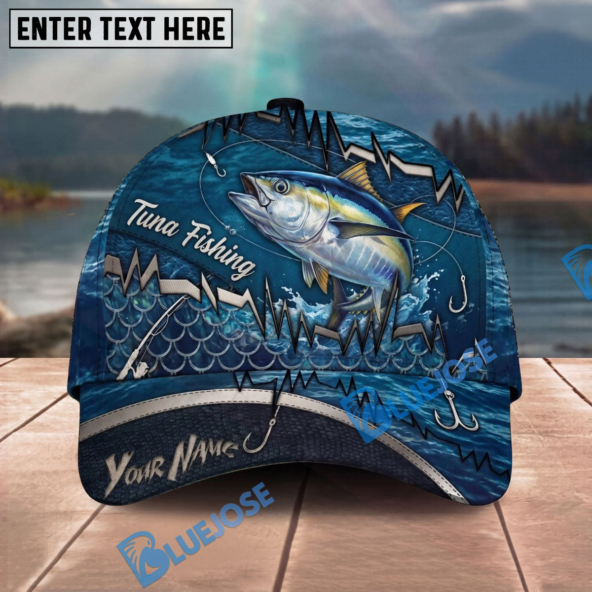 BlueJose Fishing Heartbeat Hook Pattern Personalized Cap (13 Breeds)