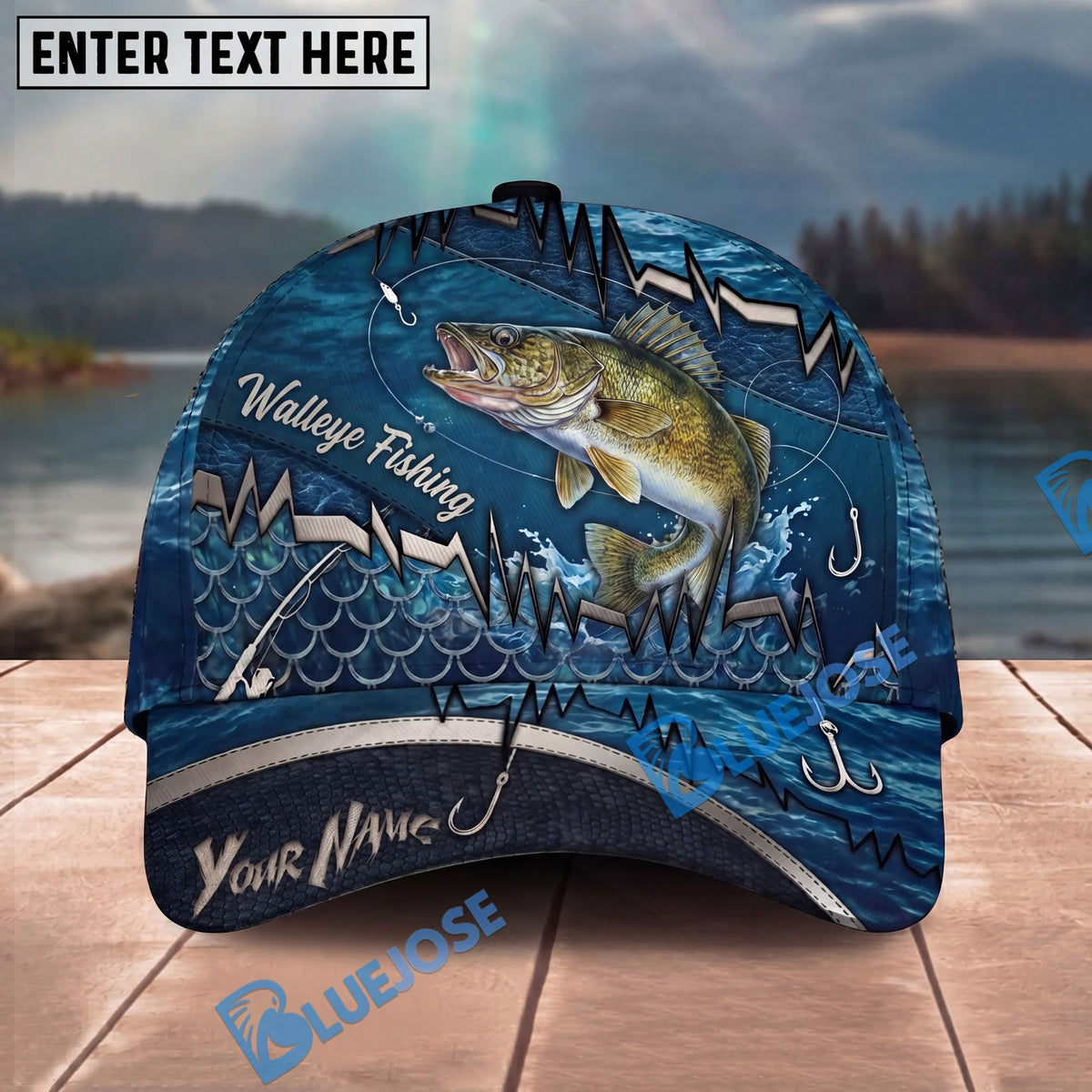 BlueJose Fishing Heartbeat Hook Pattern Personalized Cap (13 Breeds)