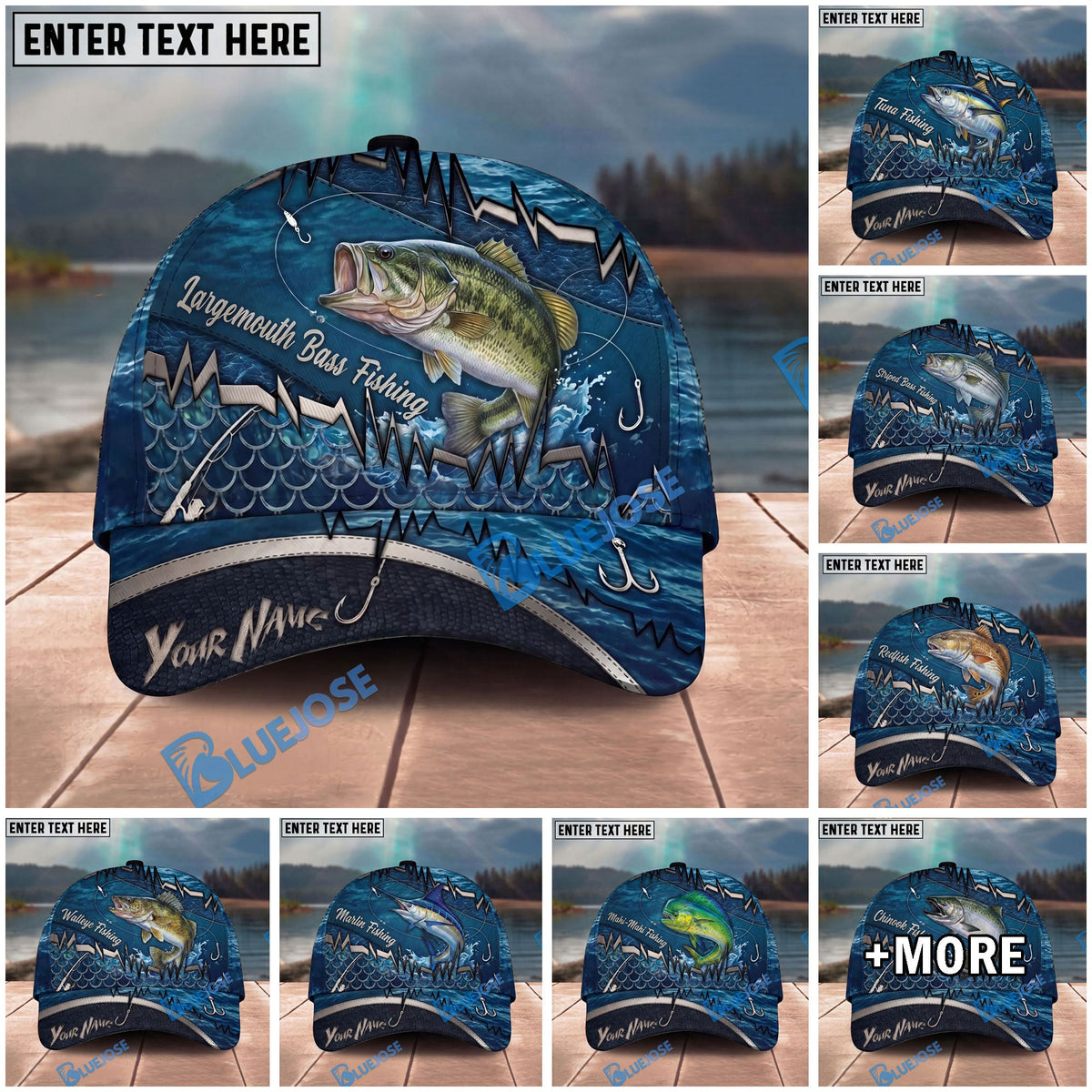 BlueJose Fishing Heartbeat Hook Pattern Personalized Cap (13 Breeds)