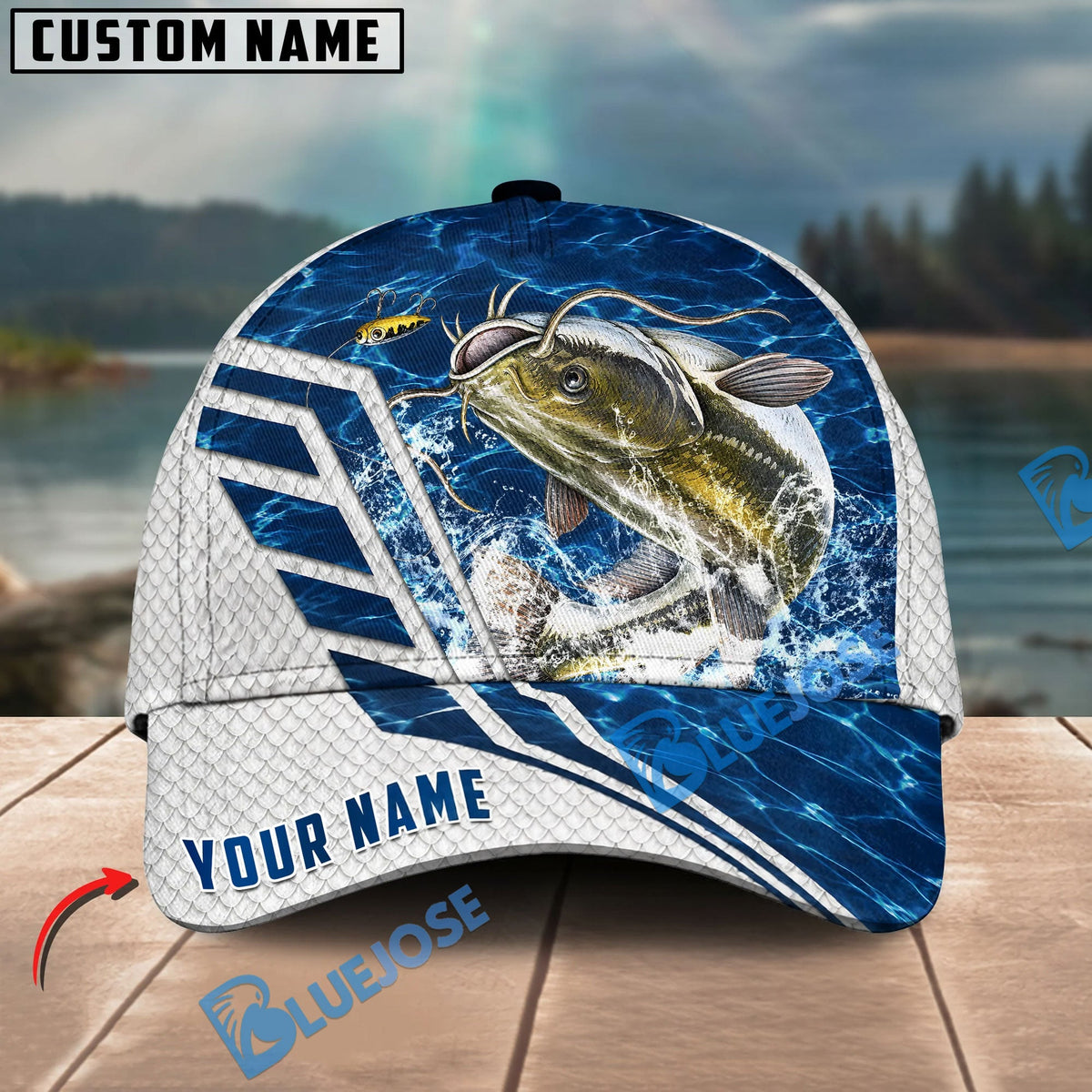 BlueJose Fishing Blue Lake Angler Style Personalized Name Classic 3D Cap Personalized Cap (13 Breeds)