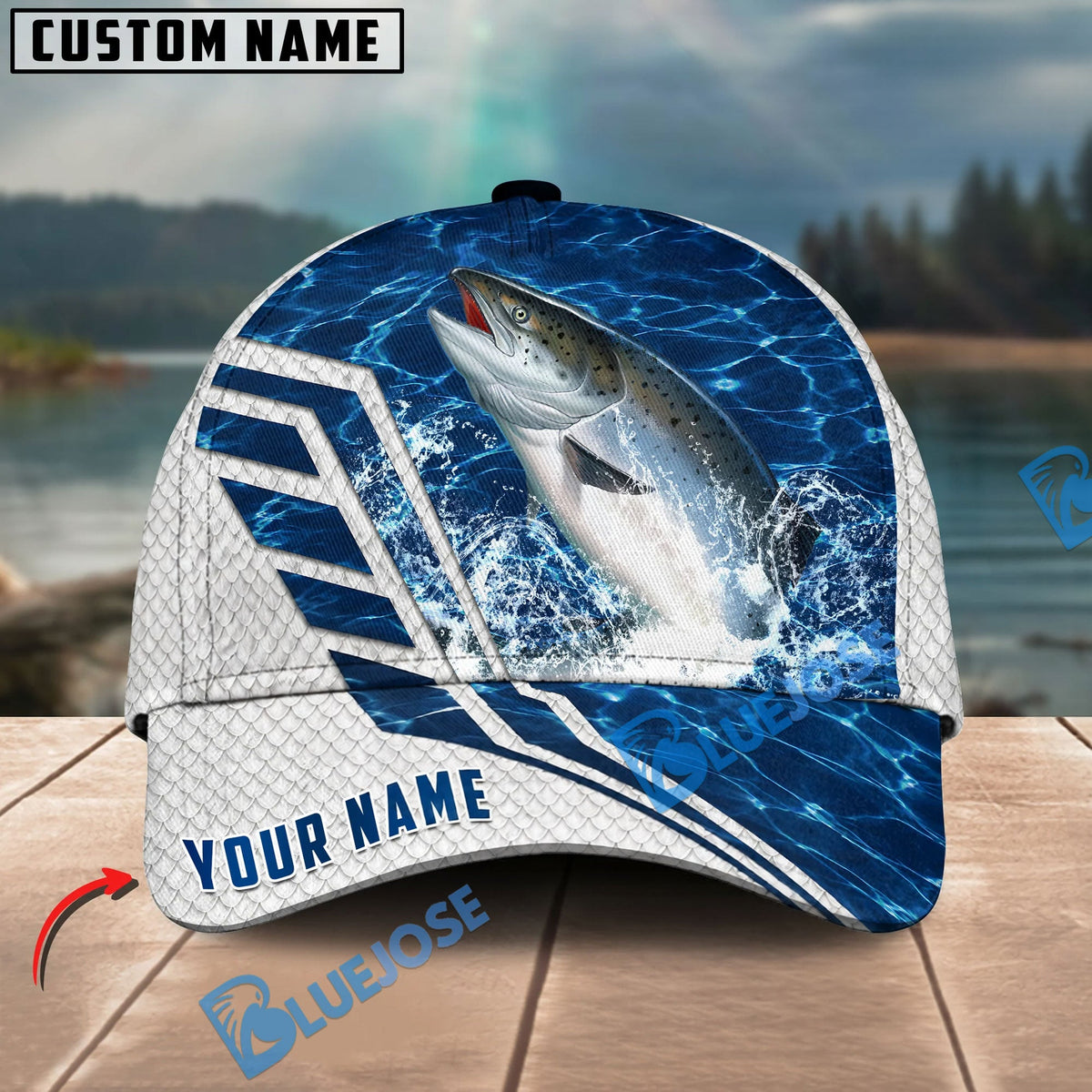 BlueJose Fishing Blue Lake Angler Style Personalized Name Classic 3D Cap Personalized Cap (13 Breeds)