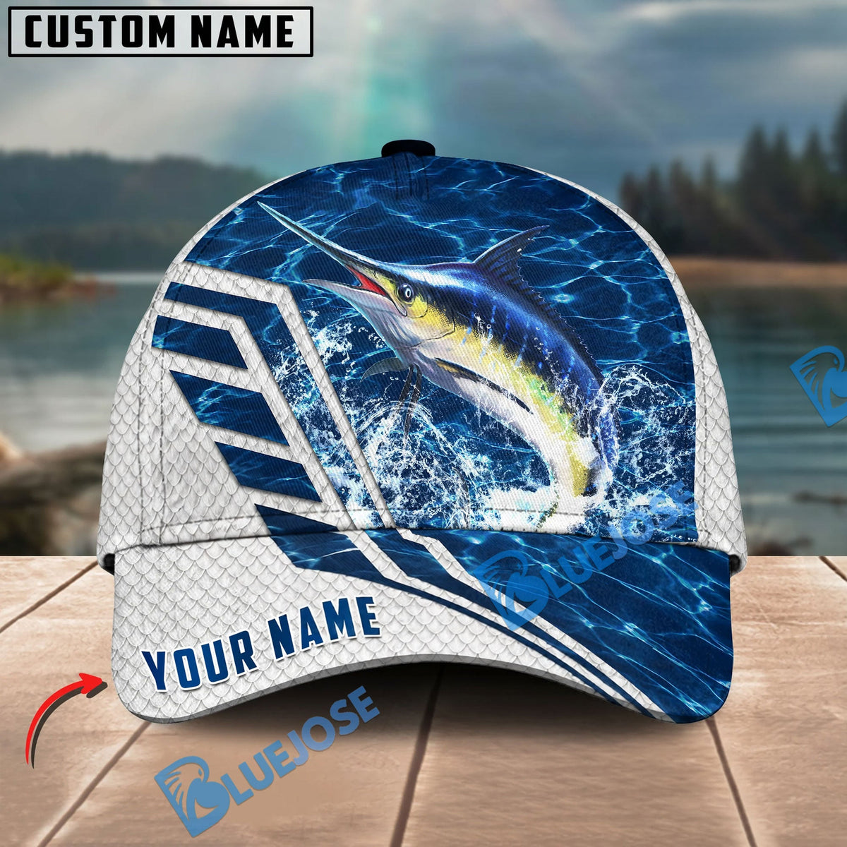 BlueJose Fishing Blue Lake Angler Style Personalized Name Classic 3D Cap Personalized Cap (13 Breeds)