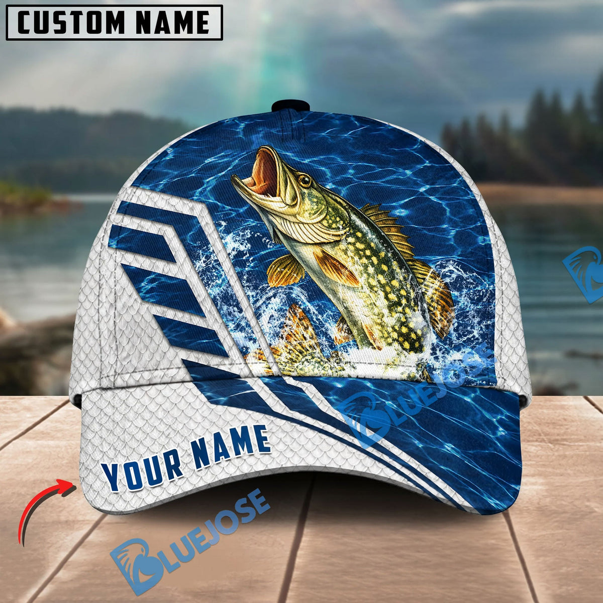 BlueJose Fishing Blue Lake Angler Style Personalized Name Classic 3D Cap Personalized Cap (13 Breeds)