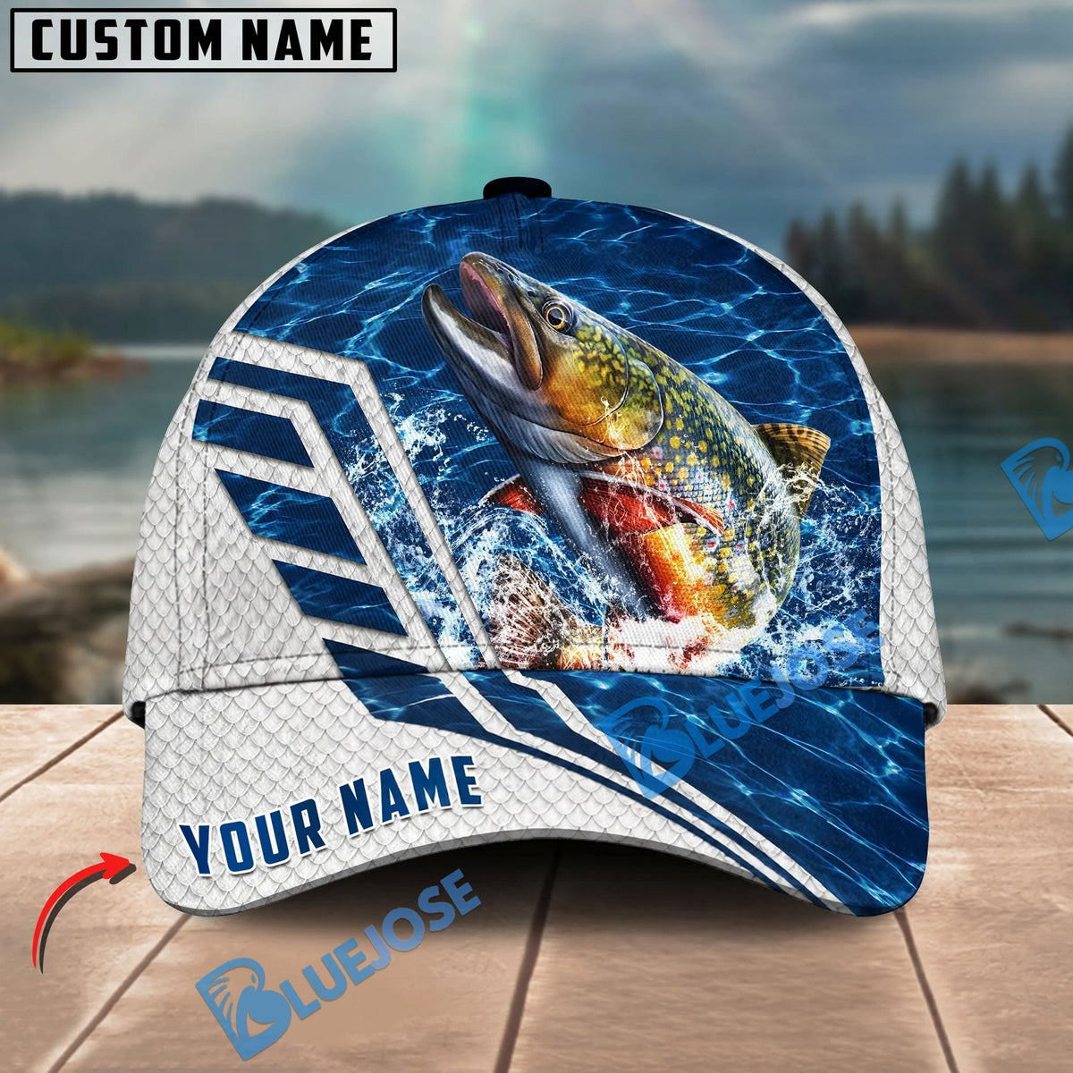 BlueJose Fishing Blue Lake Angler Style Personalized Name Classic 3D Cap Personalized Cap (13 Breeds)