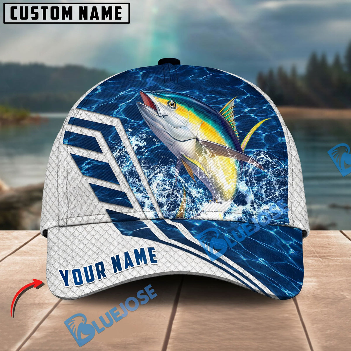 BlueJose Fishing Blue Lake Angler Style Personalized Name Classic 3D Cap Personalized Cap (13 Breeds)