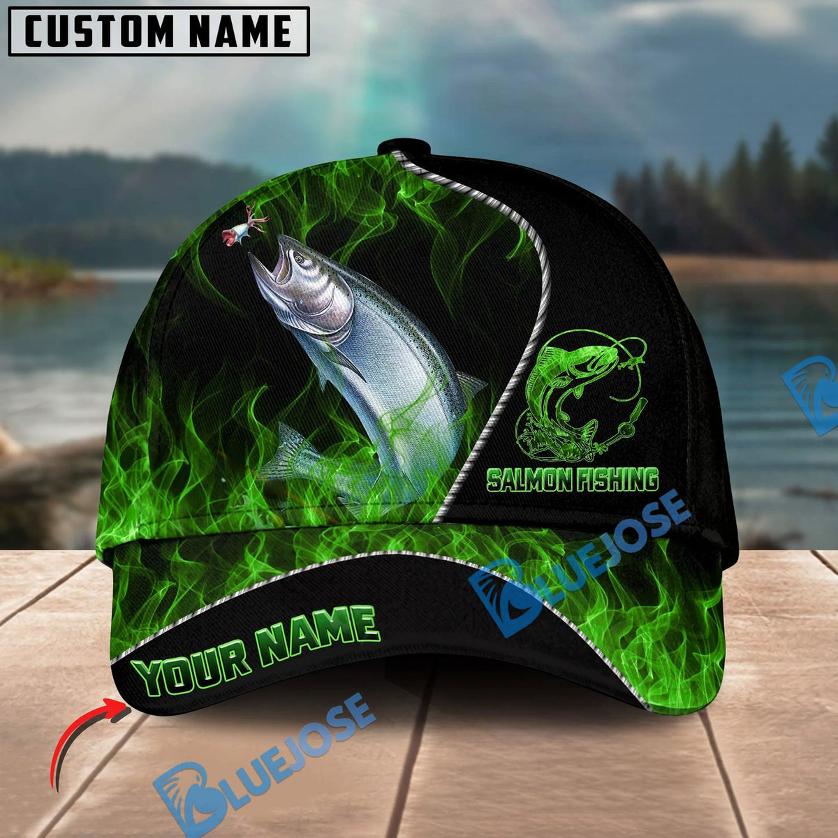 BlueJose Fishing Angler Green Flame Personalized Name Classic 3D Cap Personalized Cap (13 Breeds)