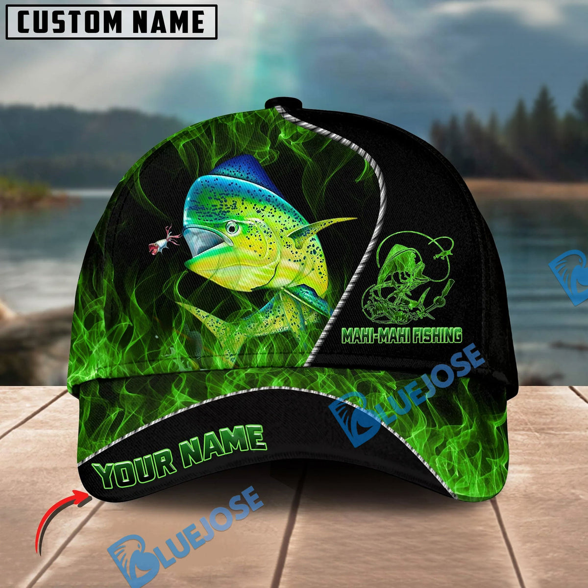 BlueJose Fishing Angler Green Flame Personalized Name Classic 3D Cap Personalized Cap (13 Breeds)