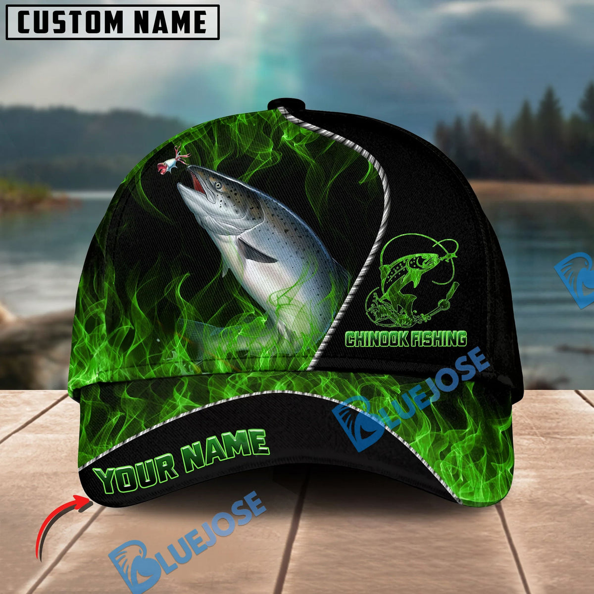 BlueJose Fishing Angler Green Flame Personalized Name Classic 3D Cap Personalized Cap (13 Breeds)