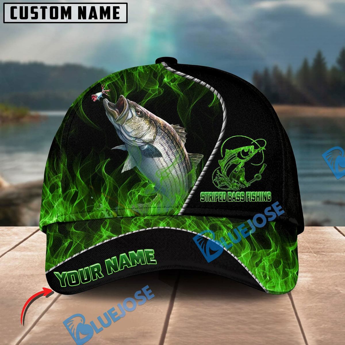 BlueJose Fishing Angler Green Flame Personalized Name Classic 3D Cap Personalized Cap (13 Breeds)
