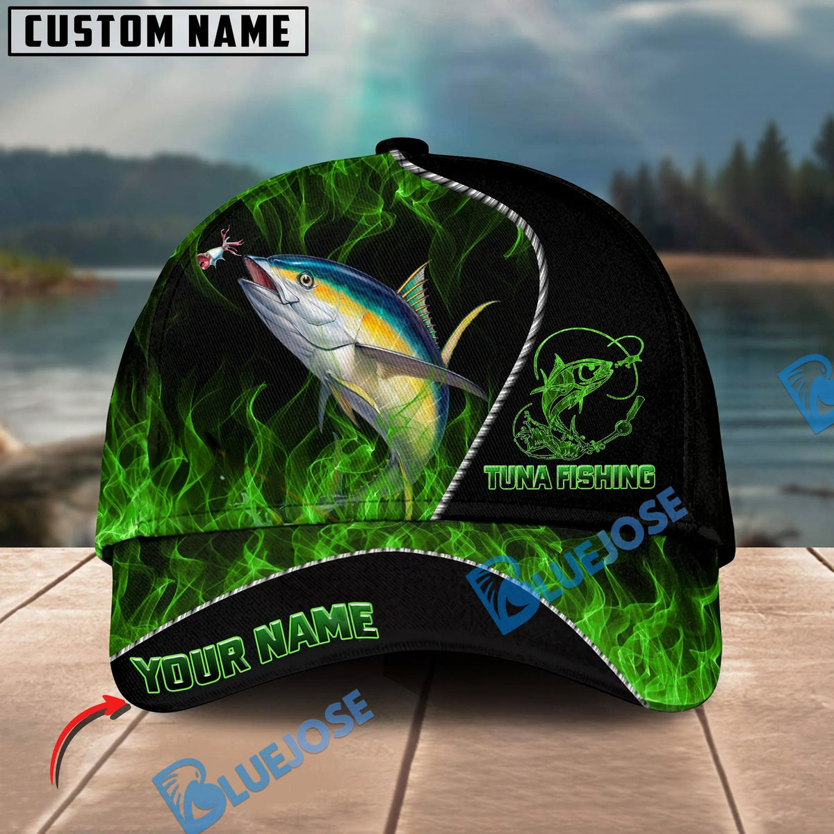 BlueJose Fishing Angler Green Flame Personalized Name Classic 3D Cap Personalized Cap (13 Breeds)
