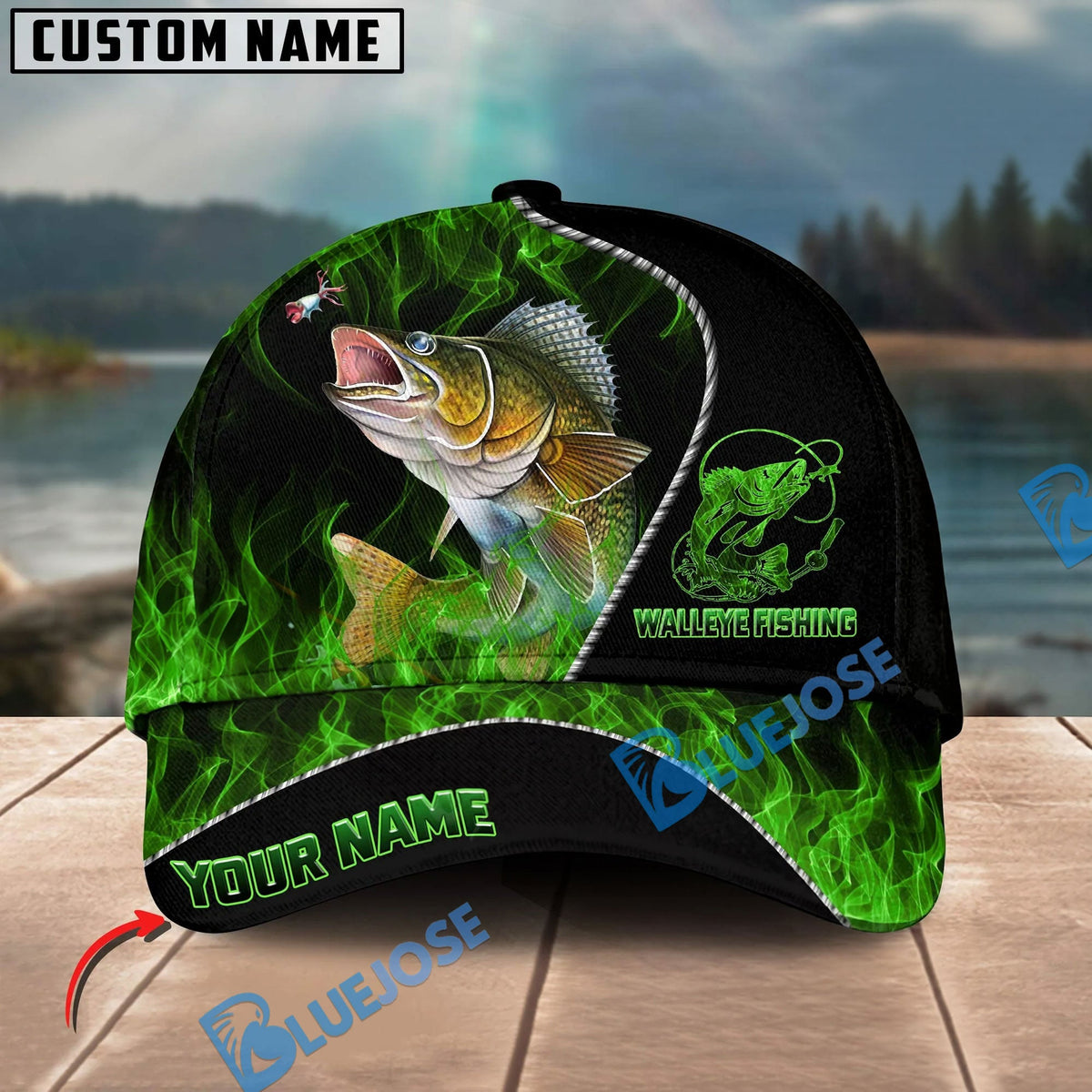 BlueJose Fishing Angler Green Flame Personalized Name Classic 3D Cap Personalized Cap (13 Breeds)