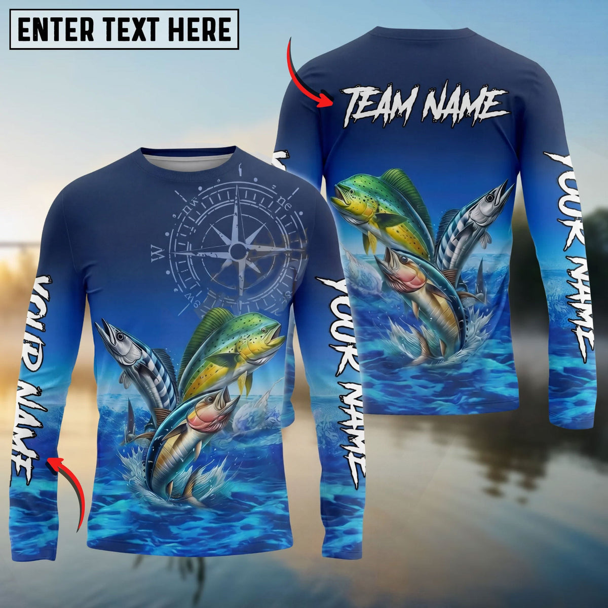 BlueJose Mahi Tuna Wahoo Offshore Fishing Compass Ocean Custom Name & Team Name 3D Shirts