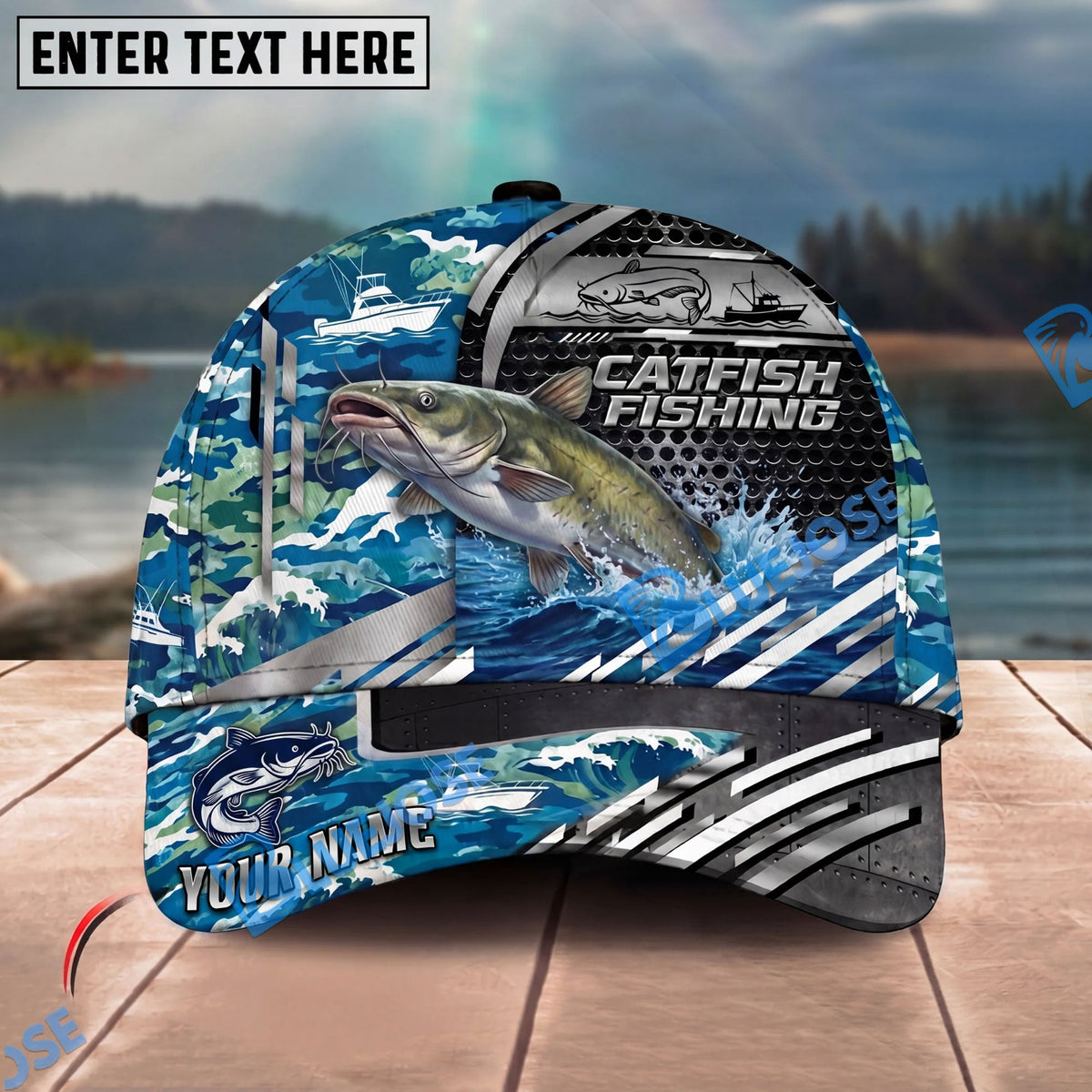 BlueJose Fishing Blue Camouflage Fishing Boat Metal Pattern Personalized Name Classic 3D Cap Personalized Cap (13 Breeds)