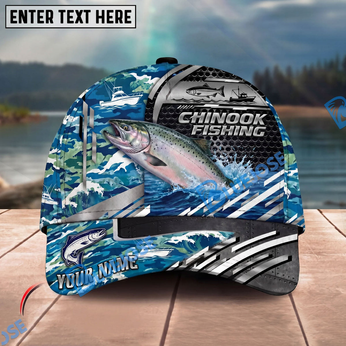 BlueJose Fishing Blue Camouflage Fishing Boat Metal Pattern Personalized Name Classic 3D Cap Personalized Cap (13 Breeds)