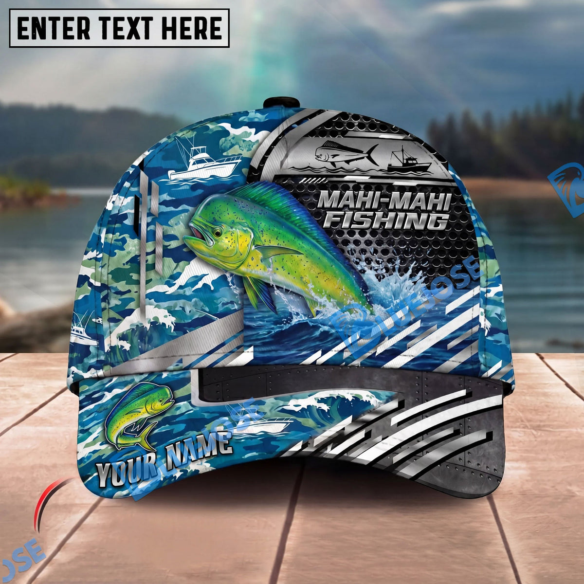 BlueJose Fishing Blue Camouflage Fishing Boat Metal Pattern Personalized Name Classic 3D Cap Personalized Cap (13 Breeds)