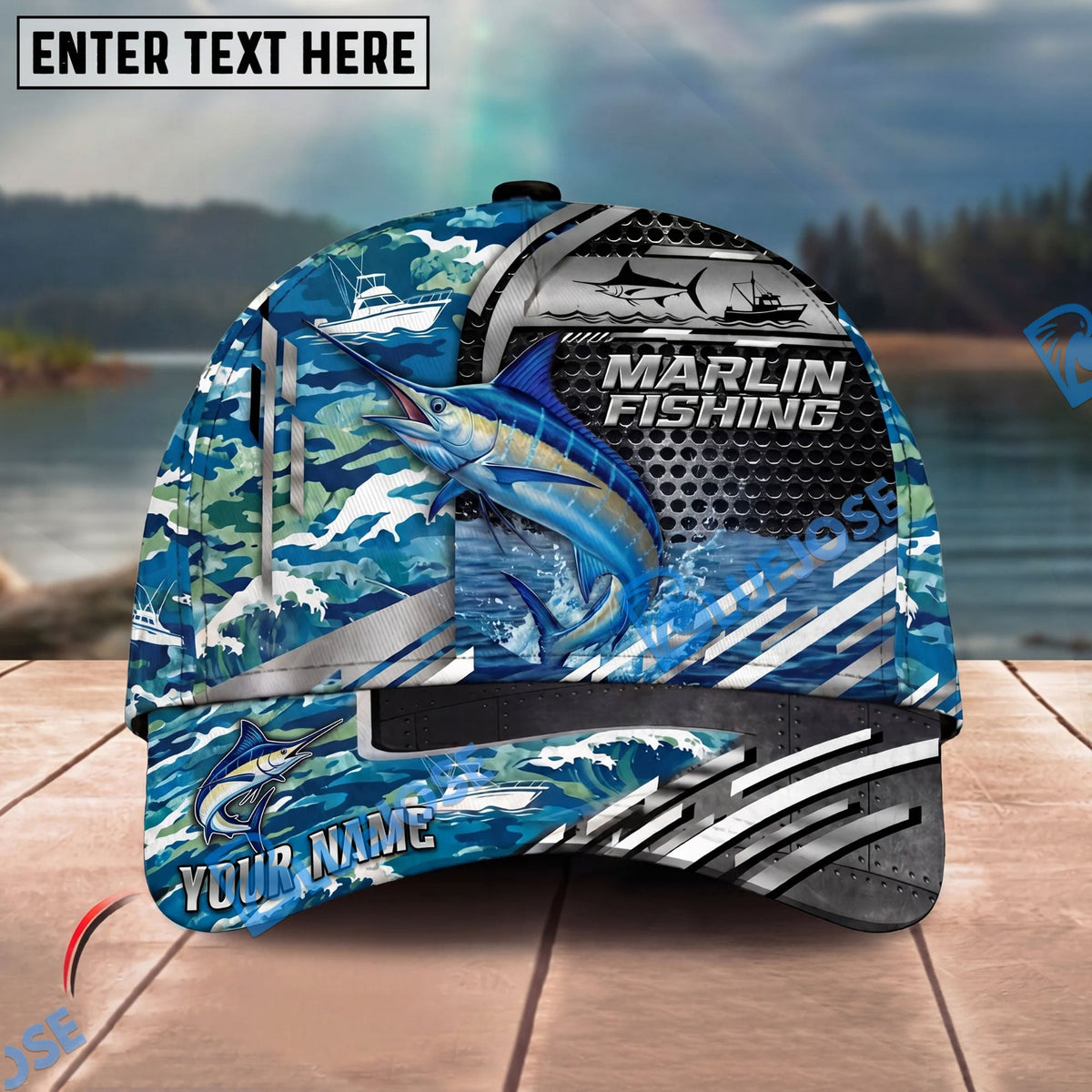 BlueJose Fishing Blue Camouflage Fishing Boat Metal Pattern Personalized Name Classic 3D Cap Personalized Cap (13 Breeds)