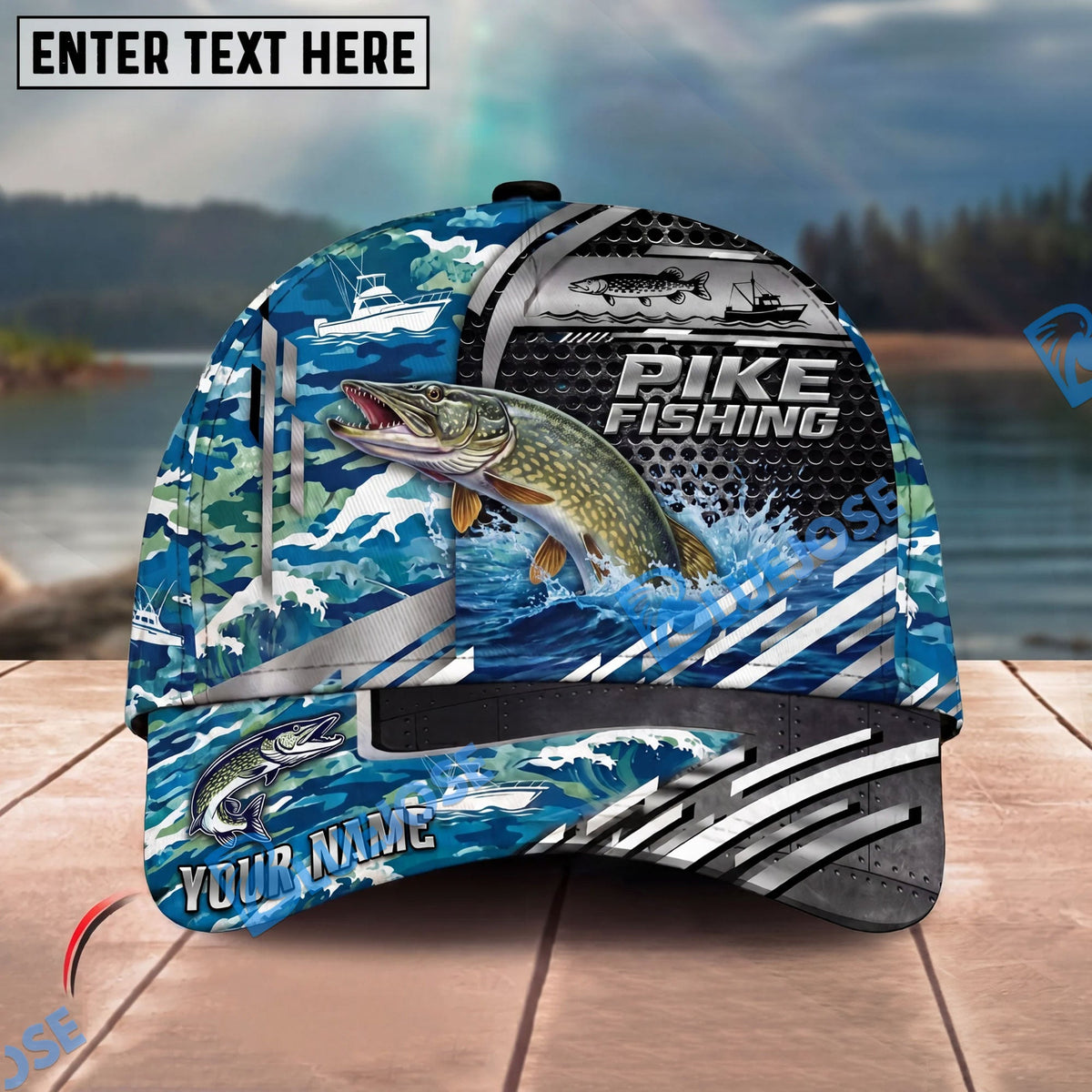 BlueJose Fishing Blue Camouflage Fishing Boat Metal Pattern Personalized Name Classic 3D Cap Personalized Cap (13 Breeds)